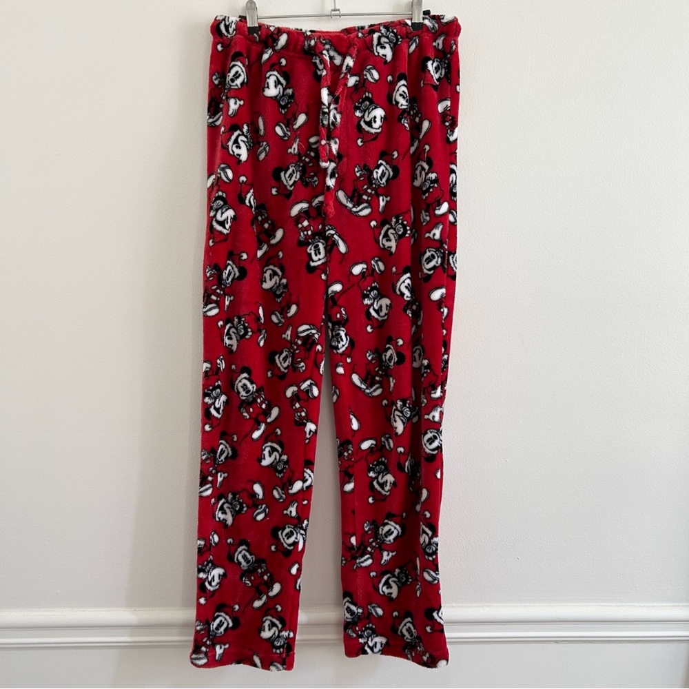 4/$25 Disney Mens Plush Christmas Santa Mickey Mouse Pajama Pants in Red - Large